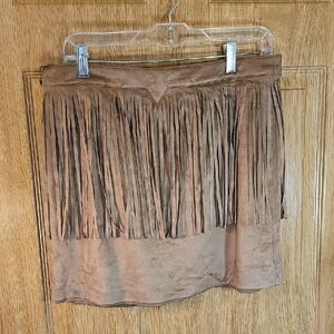 Chelsea & Theodore Tan Suede Fringe Mini Skirt